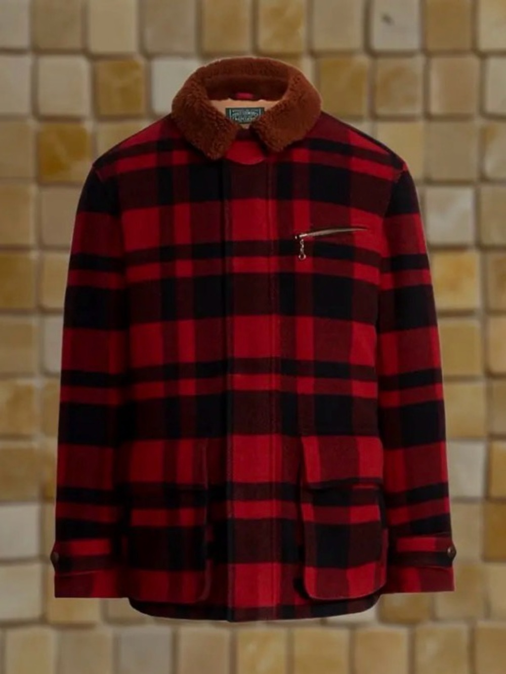 Polo Ralph Lauren Red and Black Plaid Wool Jacket with Brown Shearling Collar
